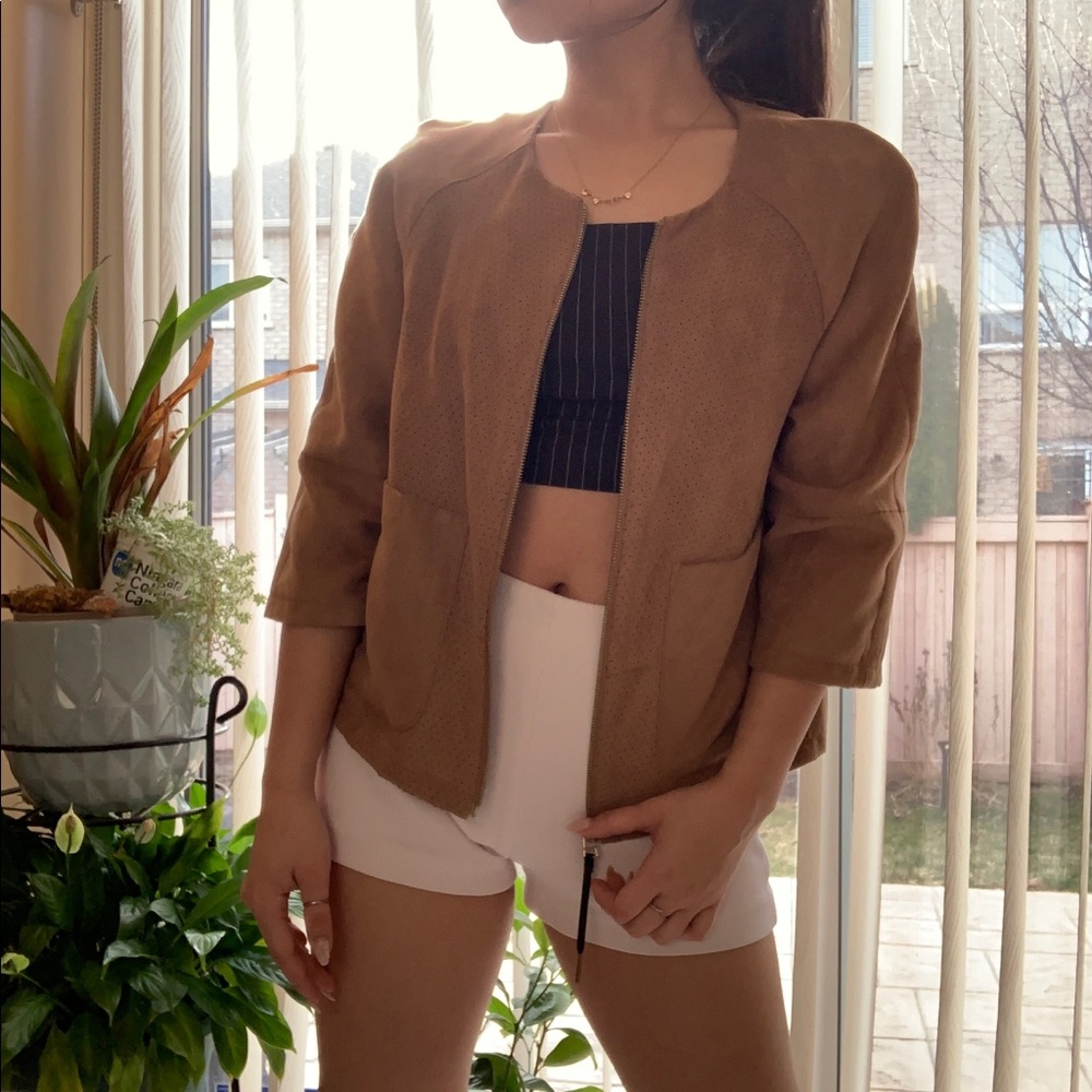 Tan Suede Jacket with Gold Zipper